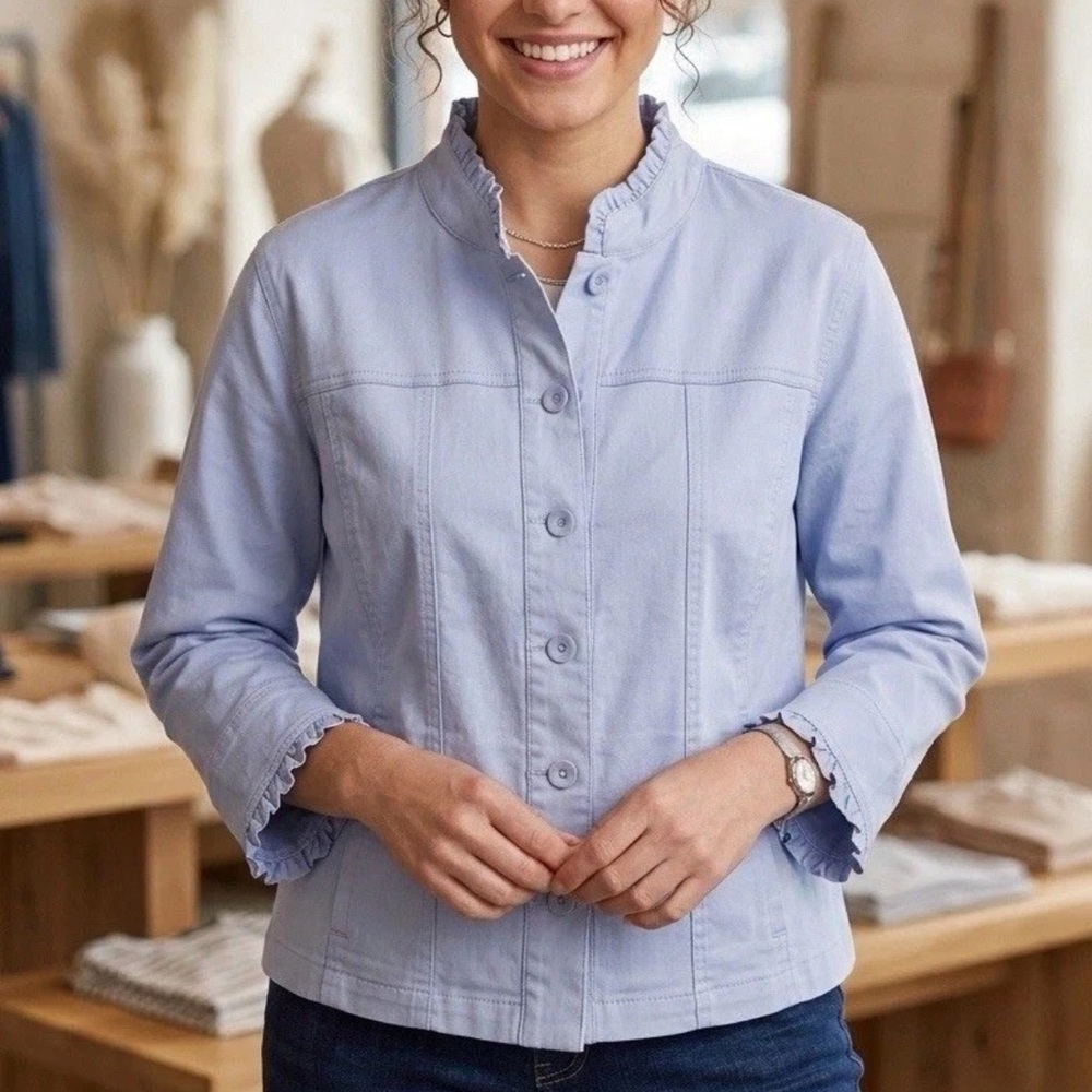 Ruby Rd Ladies VTG Style Blue 3/4 Sleeve Ruffle Cuffs Jacket Shirt Size 16P NWOT